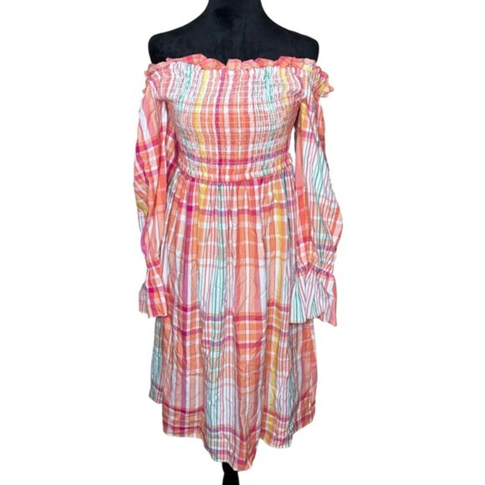 NEW NY & Company Women Dress‎ Sz M Off Shoulder Smocked Long Sleeve Plaid Dress